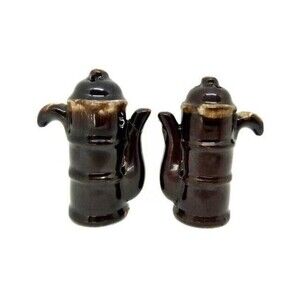 Vintage Teapot TWO SALT Shakers Tea Pots Brown Coffee Kettles VTG 2 Mid Century